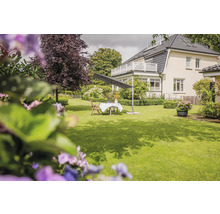 Moderner Ampelschirm über einem Gartentisch mit Stühlen auf einer gepflegten Rasenfläche vor einem Wohnhaus.