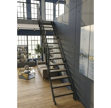 Modernes Wohnzimmer im Industriestil mit einer Treppe aus Metall und Holzstufen, die zu einer Empore führt.