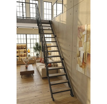 Moderne Loft-Treppe aus Metall mit Holzstufen in einem hellen Wohnzimmer mit industriellem Design und großen Fenstern.