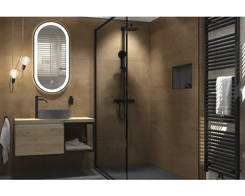 Salle de bains moderne avec meuble sous vasque en bois, vasque à poser grise, miroir LED ovale, douche à l'italienne et radiateur noir.