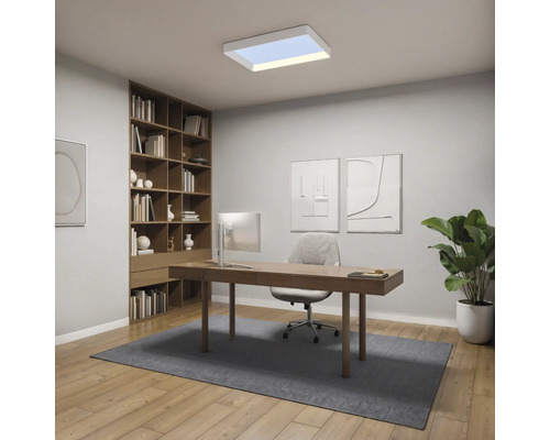 Modernes Heimbüro mit rechteckigem LED Panel an der Decke, Holzschreibtisch und Bücherregal, helle und organisierte Atmosphäre.