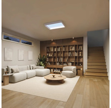 Modernes, helles Wohnzimmer mit weissem Modulsofa, rundem Holztisch, grossem Bücherregal und einer flachen Deckenleuchte.