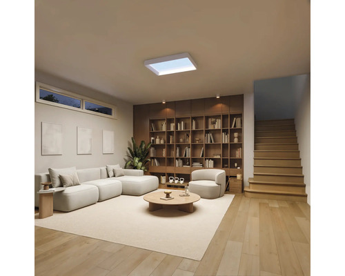 Modernes, helles Wohnzimmer mit weissem Modulsofa, rundem Holztisch, grossem Bücherregal und einer flachen Deckenleuchte.