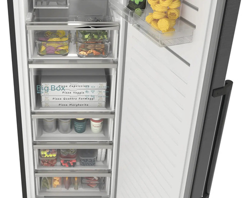 Vue intérieure d'un congélateur ouvert avec tiroir Big Box pour pizzas et compartiments transparents pour aliments organisés.