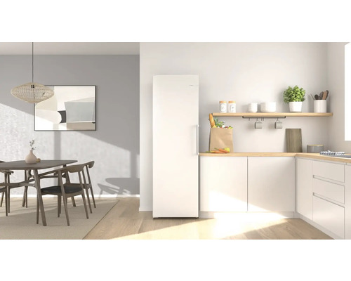 Moderner, heller Küchen- und Essbereich mit weißem Kühlschrank, Küchenzeile mit Holzplatte und Esstisch mit Holzstühlen.