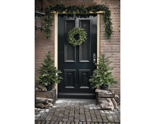 Hauseingang mit schwarzer Tür, dekoriert mit einem beleuchteten Weihnachtskranz, einer Girlande und zwei künstlichen Tannenbäumen in Töpfen.