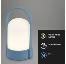 Lampe LED portable bleue extérieur, poignée, blanc chaud 3000 Kelvin, variateur à étapes et protection contre les éclaboussures indice IP44.
