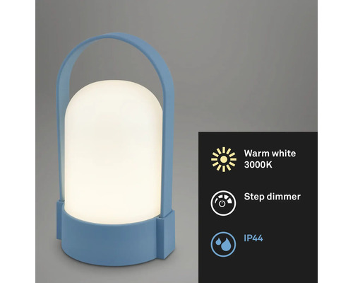 Lampe LED portable bleue extérieur, poignée, blanc chaud 3000 Kelvin, variateur à étapes et protection contre les éclaboussures indice IP44.