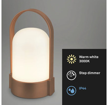 Lampe à poser LED portable de couleur cuivre avec poignée, lumière blanc chaud 3000 Kelvin, variateur à niveaux, indice de protection IP44.