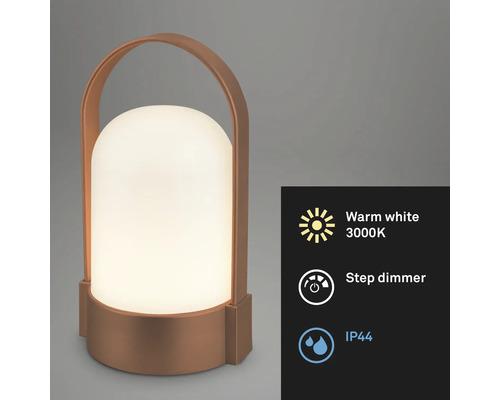Lampe à poser LED portable de couleur cuivre avec poignée, lumière blanc chaud 3000 Kelvin, variateur à niveaux, indice de protection IP44.