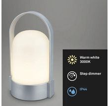 Lampe de table LED portable avec boîtier et poignée argentés, lumière blanc chaud 3000 Kelvin, variateur par paliers et indice de protection IP44.