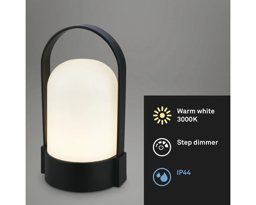 Lampe d'extérieur portable avec poignée, lumière blanc chaud 3000 Kelvin, variateur à paliers et indice de protection IP44.