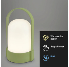 Lampe de table LED portable avec poignée, lumière blanc chaud 3000 Kelvin, variateur à niveaux et indice de protection IP44.