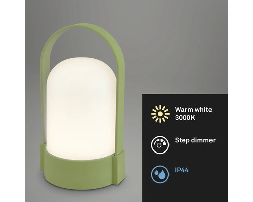 Lampe de table LED portable avec poignée, lumière blanc chaud 3000 Kelvin, variateur à niveaux et indice de protection IP44.