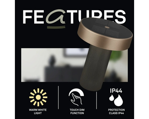 Lampe de table avec fonctions : lumière blanc chaud, gradation tactile et indice de protection IP44.