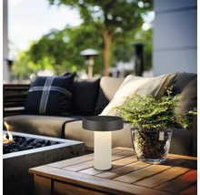 Lampe de table d'extérieur à LED moderne sur une table en bois dans un coin salon confortable avec foyer et plantes.