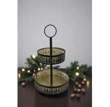 Zweistöckige Etagere aus Metall mit ausgestanzten weihnachtlichen Motiven wie Tannenbäumen, ideal als dekorative Servierschale.