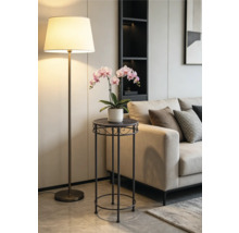Moderner Pflanzenständer aus dunklem Metall mit einer rosa Orchidee in einem hellen Wohnzimmer neben einem beigen Sofa und einer Stehlampe.