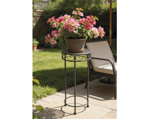 Hoher dekorativer Blumenständer aus Metall auf einer sonnigen Gartenterrasse mit runder perforierter Ablage und Schnörkelverzierung.