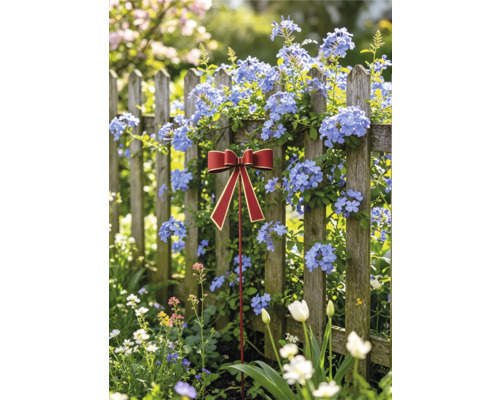Roter Gartenstecker mit Schleife vor einem Holzzaun in einem Garten mit blauen und weißen Blumen.
