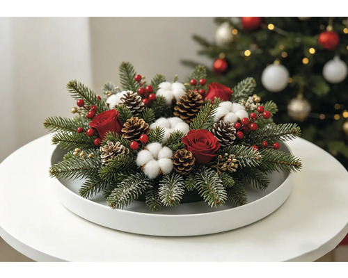 Festliches Weihnachtsgesteck mit Tannenzweigen, roten Rosen, Baumwollblüten und Tannenzapfen auf einem weissen Tablett.