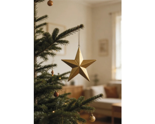 Goldener fünfzackiger Stern als Weihnachtsbaumschmuck hängend an einem grünen Tannenzweig in einem hellen Wohnzimmer.
