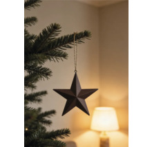 Weihnachtsbaumanhänger Sternform aus Metall an Tannenzweig.