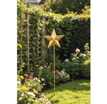 Sternförmiger Gartenstab in einem hellen Garten mit Blumen und Rankgitter.
