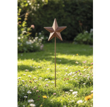 Gartenstecker mit fünfzackigem Stern aus Metall in Edelrost-Optik, platziert in einer Wiese mit Blumen.