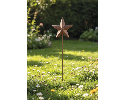 Gartenstecker mit fünfzackigem Stern aus Metall in Edelrost-Optik, platziert in einer Wiese mit Blumen.