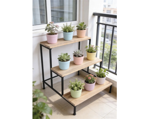 Dreistufiges Pflanzregal mit schwarzem Metallgestell und Holzregalböden auf einem hellen Balkon mit verschiedenen Topfpflanzen.