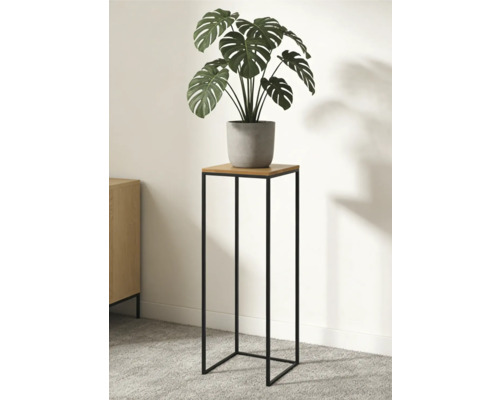 Moderner Pflanzenständer mit schwarzem Metallrahmen und hölzerner Abstellfläche, dekoriert mit einer Monstera Pflanze im grauen Topf.