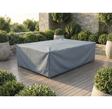 Housse de protection grise imperméable pour meubles de jardin sur une terrasse en bois, rectangulaire, résistante aux intempéries.