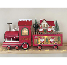 Weihnachtsdekoration Holzzug mit LED-Beleuchtung, bestehend aus Lokomotive und Anhänger mit Weihnachtsmann- und Hausmotiven.