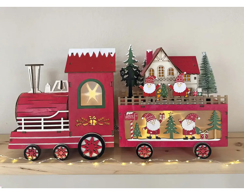Weihnachtsdekoration Holzzug mit LED-Beleuchtung, bestehend aus Lokomotive und Anhänger mit Weihnachtsmann- und Hausmotiven.