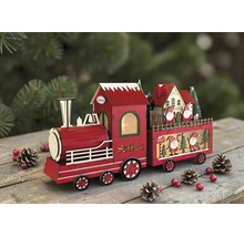 Dekorativer roter Weihnachtszug aus Holz mit Lokomotive und Waggon, verziert mit Weihnachtsmannfiguren auf einer Holzoberfläche.