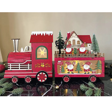 Weihnachtsdekoration Holzzug mit LED-Beleuchtung, bestehend aus Lokomotive und Waggon mit Häusern, Weihnachtsmännern und Tannenbäumen.
