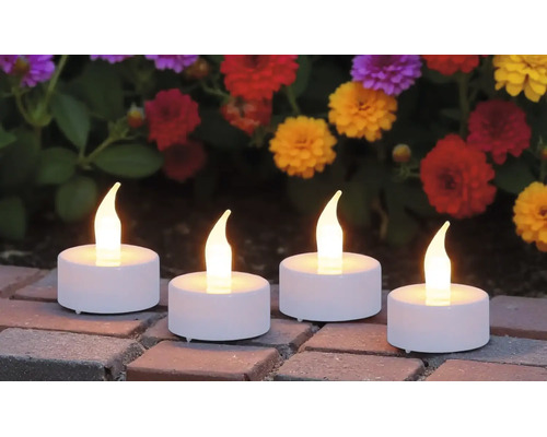 Vier LED-Teelichter mit warmem Licht auf Steinplatten vor bunten Blumen im Garten.