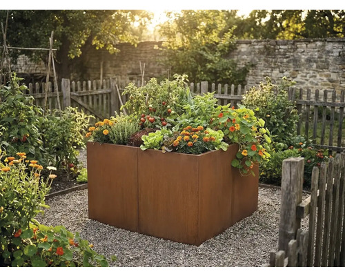 Quadratisches Hochbeet aus Cortenstahl im Garten, bepflanzt mit Gemüse, Kräutern und Blumen auf Kiesuntergrund.