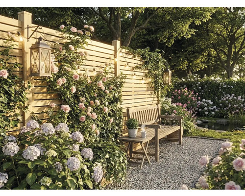 Jardin lumineux avec clôture en bois, rosiers grimpants et hortensias. Banc en bois sur gravier avec lanternes décoratives et guirlande lumineuse.