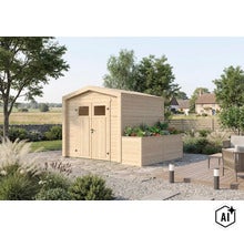 Abri de jardin en bois avec jardinière intégrée et double porte dans le jardin. (Image AI modified or generated)