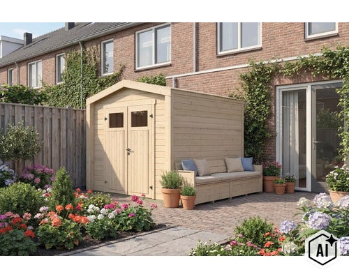 Abri de jardin en bois avec banc intégré au style moderne sur une terrasse pavée devant une maison. (Image AI modified or generated)
