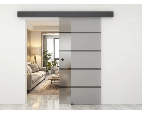 Porte coulissante en verre avec bandes horizontales et rail noir dans un salon moderne avec canapé et plantes.