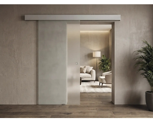 Moderne Glasschiebetür mit obenliegender Schiene und Griffmuschel in einem hellen, minimalistischen Wohnzimmer.