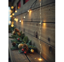 Warmweiße LED-Lichterkette an einer Holzwand mit Tannenzweigen, Tannenzapfen und roten Beeren auf einem Holzregal.