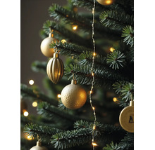 Nahaufnahme eines grünen Weihnachtsbaums mit verschiedenen goldenen Ornamenten und einer leuchtenden Lichterkette.