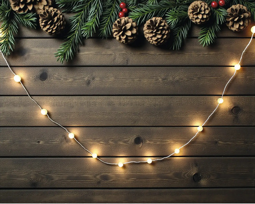 LED-Lichterkette auf Holzgrund mit Tannenzweigen und Zapfen dekoriert.