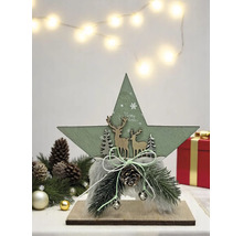 Dekorativer grüner Holzstern mit Rentieren, Schriftzug Merry Christmas, Kunstfell-Basis, Tannenzweigen und kleinen Glocken.
