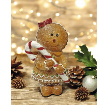 Lebkuchenfigur als Mädchen mit Zuckerstange, Weihnachtsdekoration aus Polyresin mit Glitzer und Details aus weißem Guss.