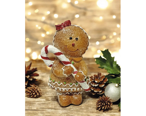 Lebkuchenfigur als Mädchen mit Zuckerstange, Weihnachtsdekoration aus Polyresin mit Glitzer und Details aus weißem Guss.